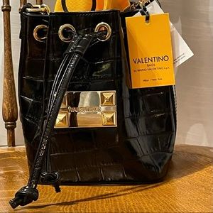 Mario Valentino Black Leather Bucket Bag. Originally $745, now $290!